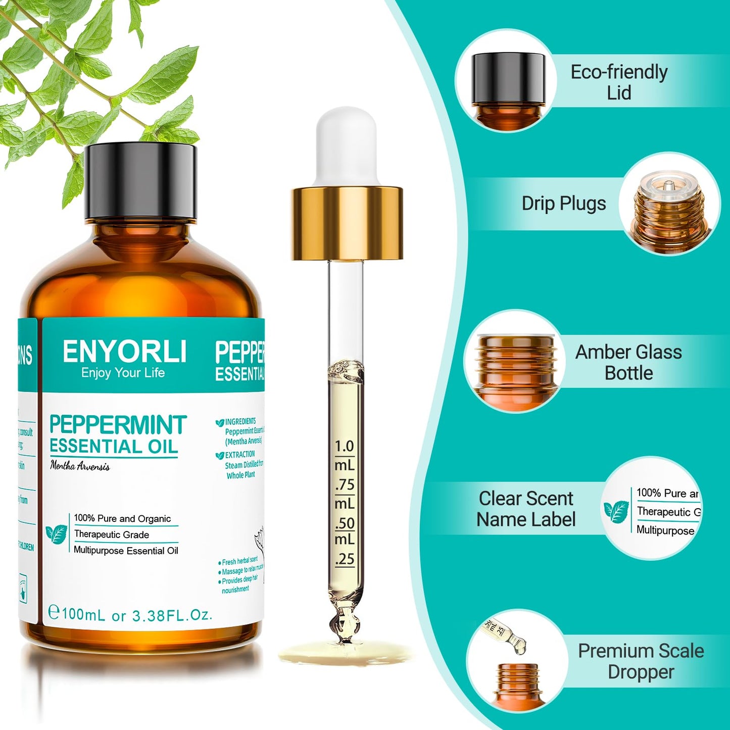 ENYORLI Peppermint Essential Oil 3.38 oz | 100% Natural, Undiluted, Therapeutic Grade