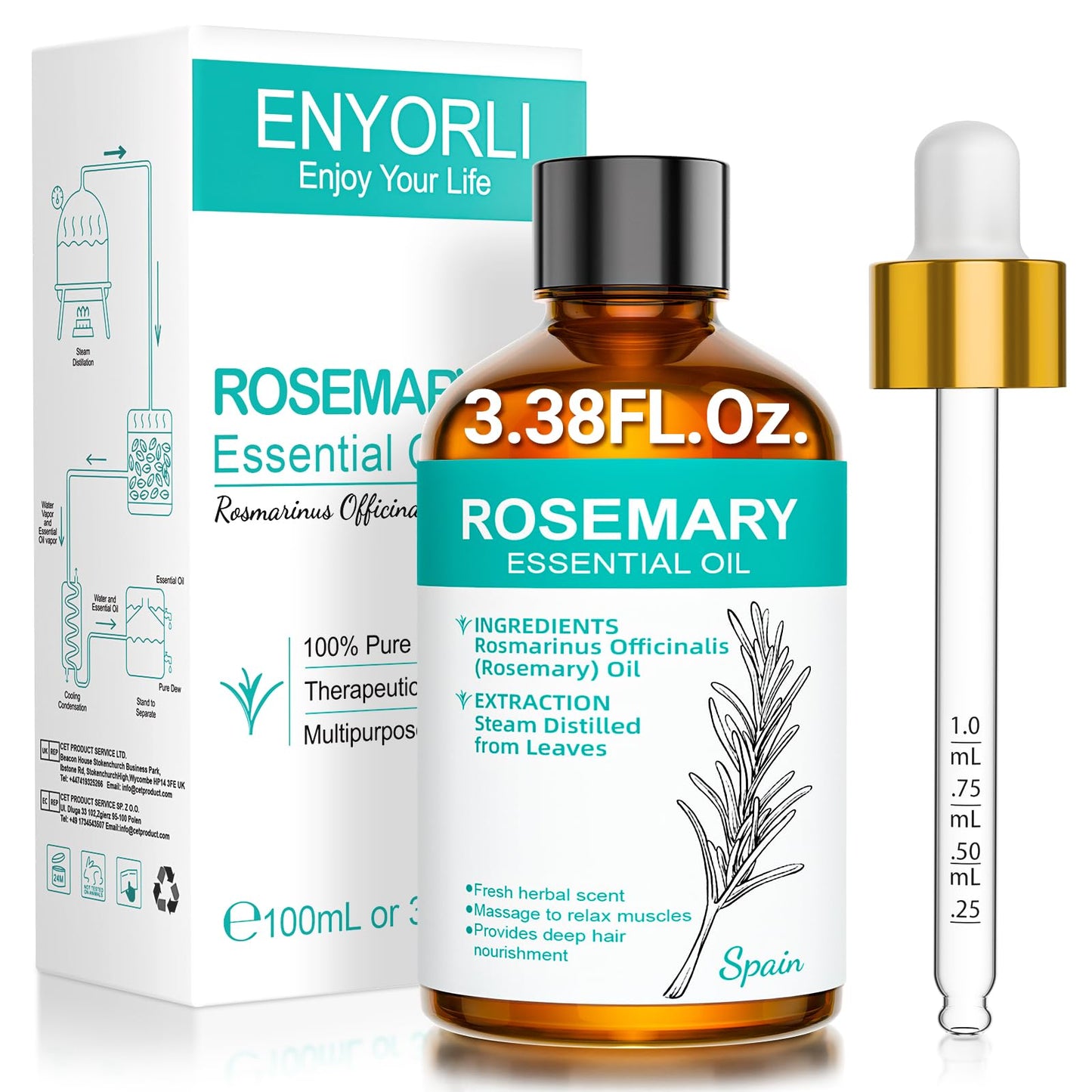 ENYORLI Rosemary Oil 3.38 fl oz – 100% Natural Essential Oil for Hair, Skin, Diffusers & Aromatherapy