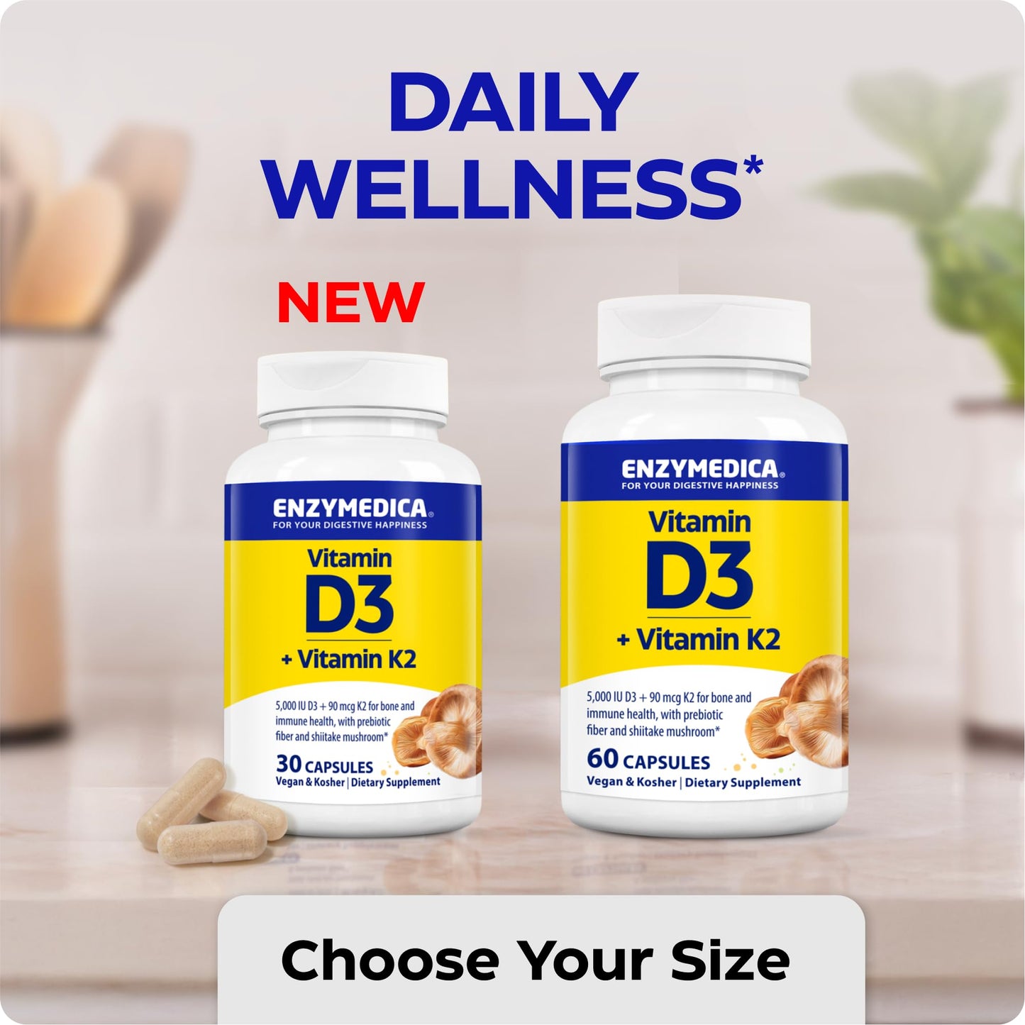 Enzymedica Organic Vitamin D3+K2 5,000 IU / 90 mcg MK-7 – Vegan, Shiitake & Prebiotic Fiber (60 Count Pack of 2)