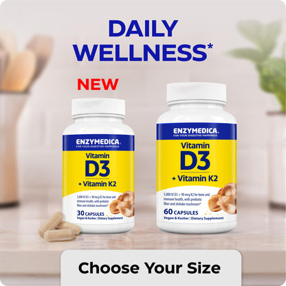 Enzymedica Organic Vitamin D3+K2 5,000 IU / 90 mcg MK-7 – Vegan, Shiitake & Prebiotic Fiber (60 Count Pack of 2)
