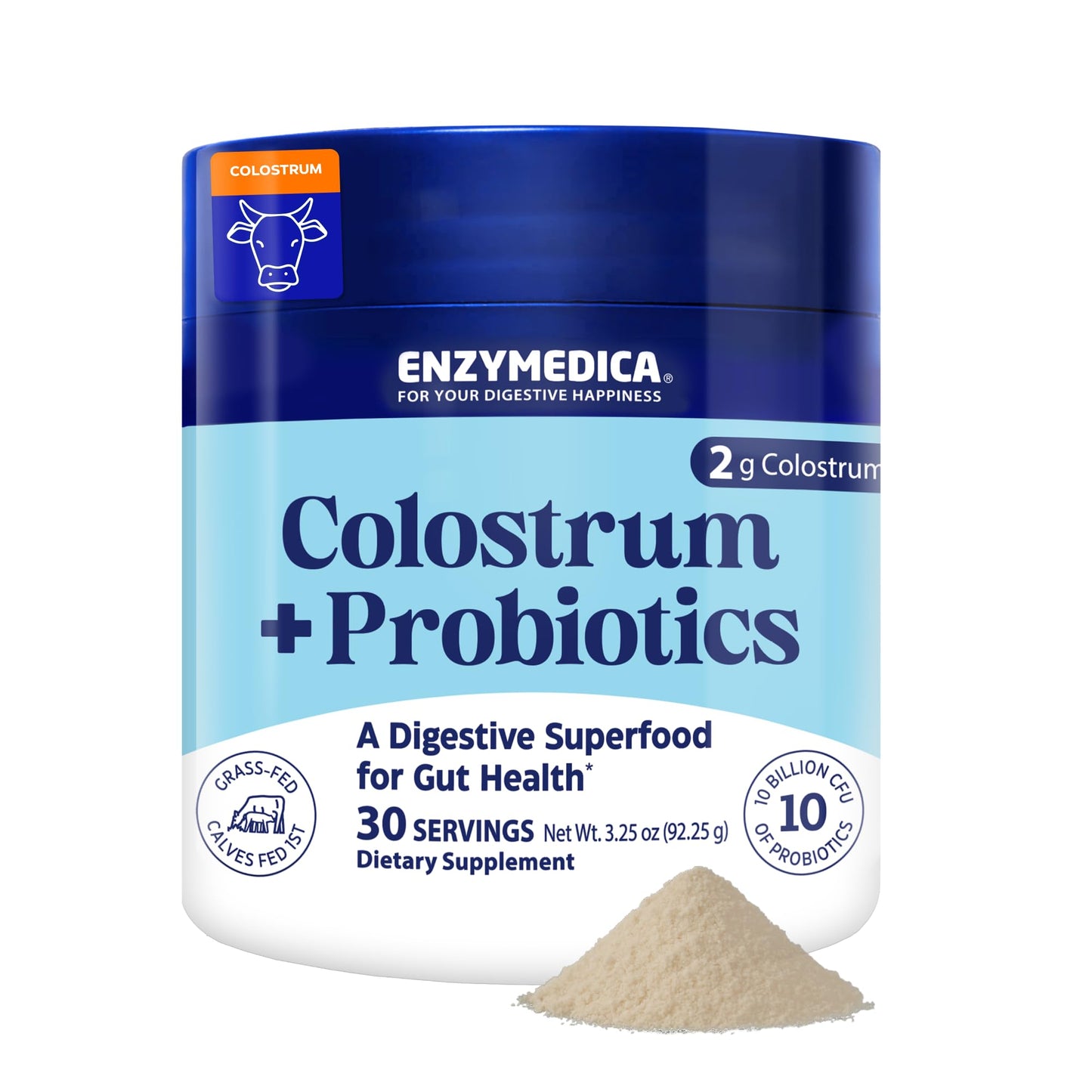 Enzymedica Colostrum Powder with Probiotics – Grass-Fed 2g Colostrum + 10B CFU | Gut & Immune Support, 30 Servings