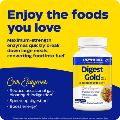 Enzymedica Digest Gold + ATPro – Maximum Strength Digestive Enzymes, 21 Capsules (FFP)