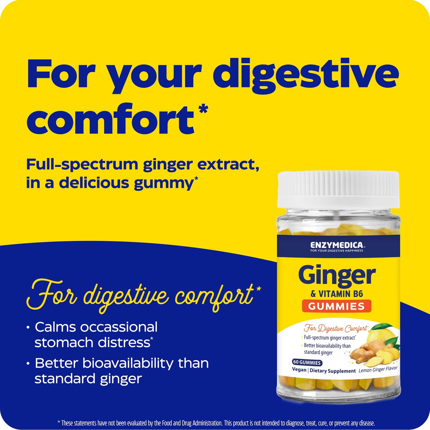 Enzymedica Ginger & Vitamin B6 Gummies — Support for Occasional Nausea & Indigestion, High Potency, 200 mg Ginger Equivalent, 60 Count