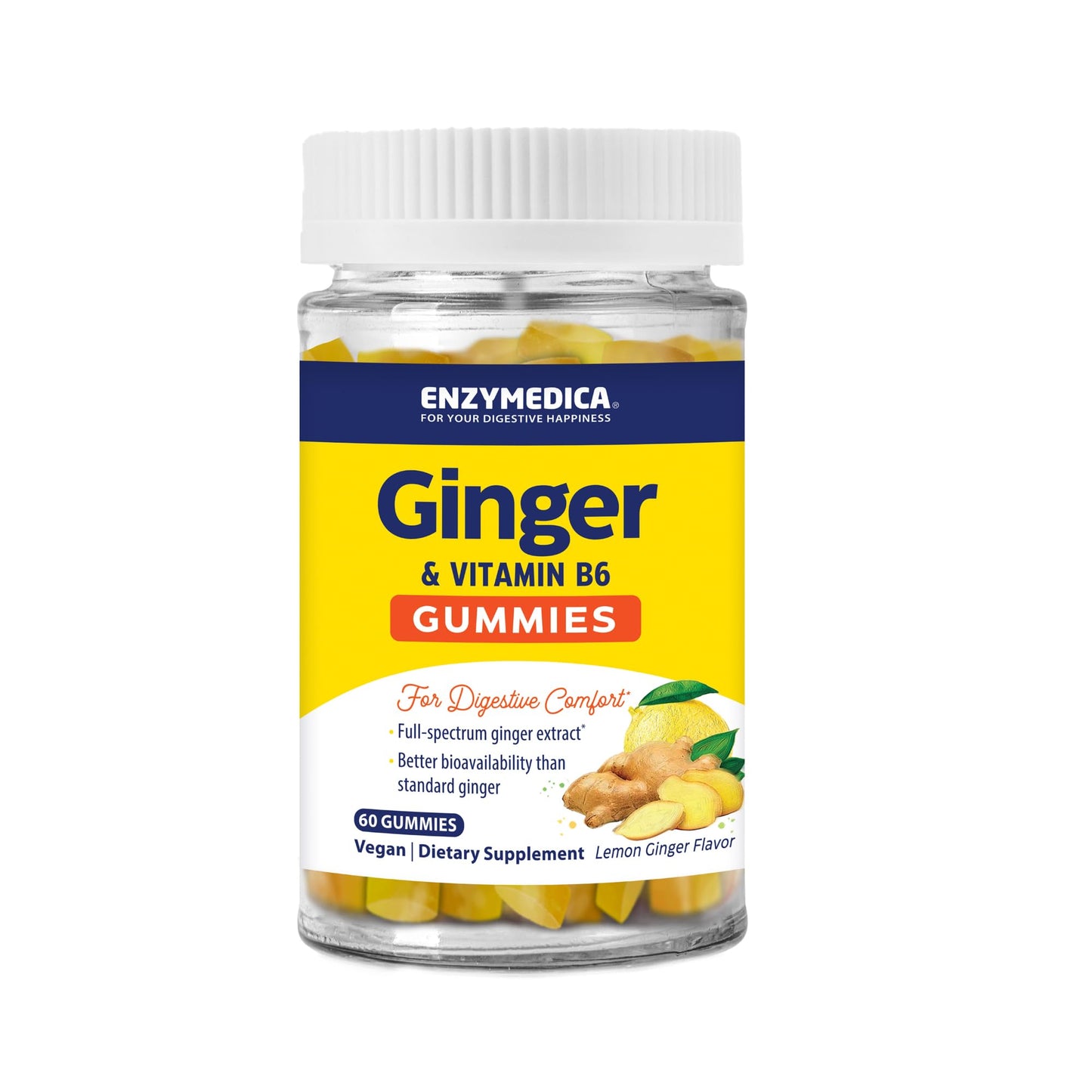 Enzymedica Ginger & Vitamin B6 Gummies — Support for Occasional Nausea & Indigestion, High Potency, 200 mg Ginger Equivalent, 60 Count