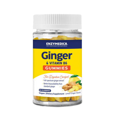 Enzymedica Ginger & Vitamin B6 Gummies — Support for Occasional Nausea & Indigestion, High Potency, 200 mg Ginger Equivalent, 60 Count
