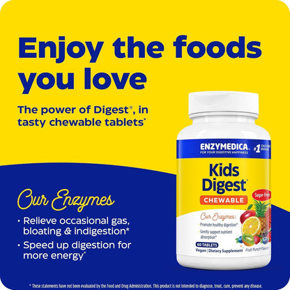 Enzymedica Kids Digest Chewable Digestive Enzymes – Fruit Punch, 60 Servings