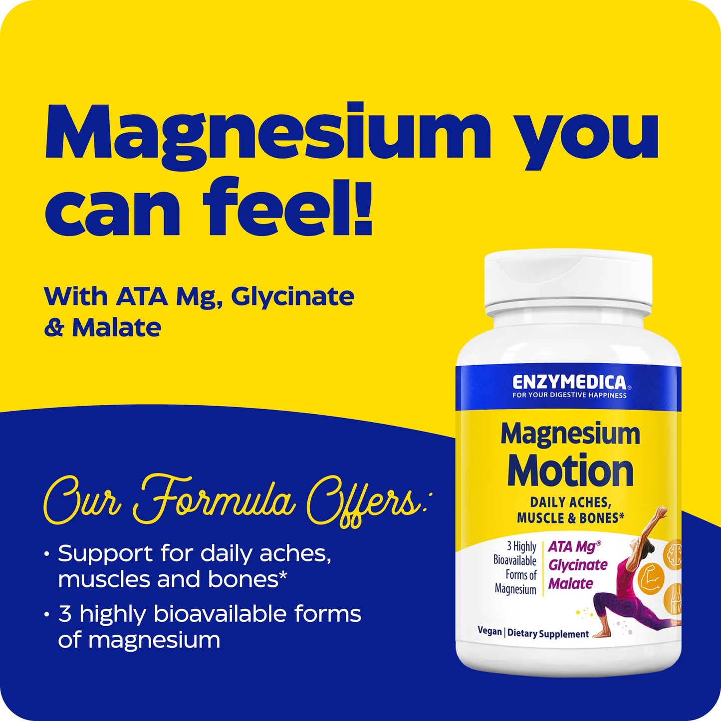 Enzymedica Magnesium Motion – 60 Count | 3 Forms Magnesium (ATA Mg, Glycinate, Malate) for Muscles & Bones