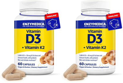 Enzymedica Organic Vitamin D3+K2 5,000 IU / 90 mcg MK-7 – Vegan, Shiitake & Prebiotic Fiber (60 Count Pack of 2)