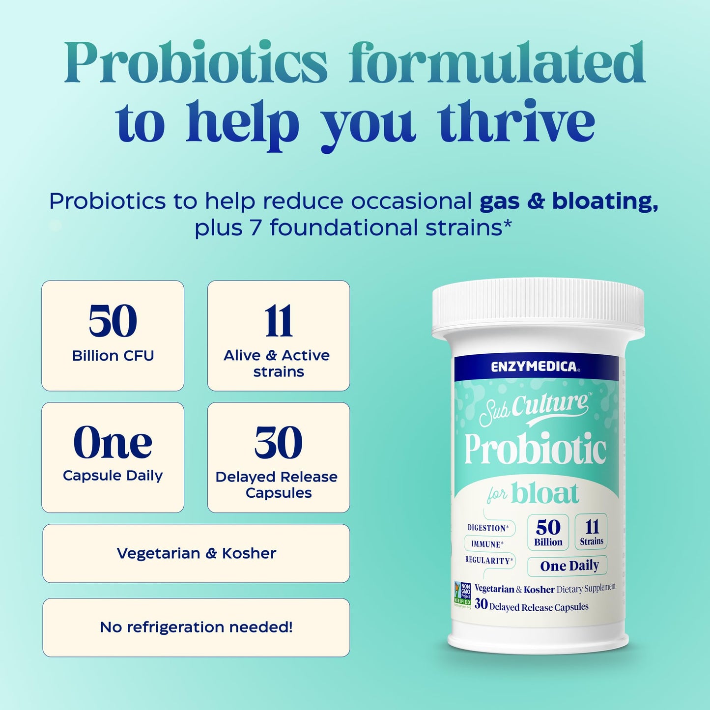 Enzymedica SubCulture Probiotics for Gas & Bloating – 50B CFU, 30 Count