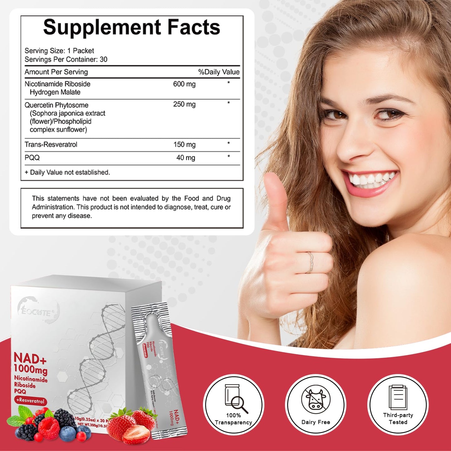 EOCUTE 1000mg NAD Liquid with Resveratrol, NR & PQQ - Raspberry