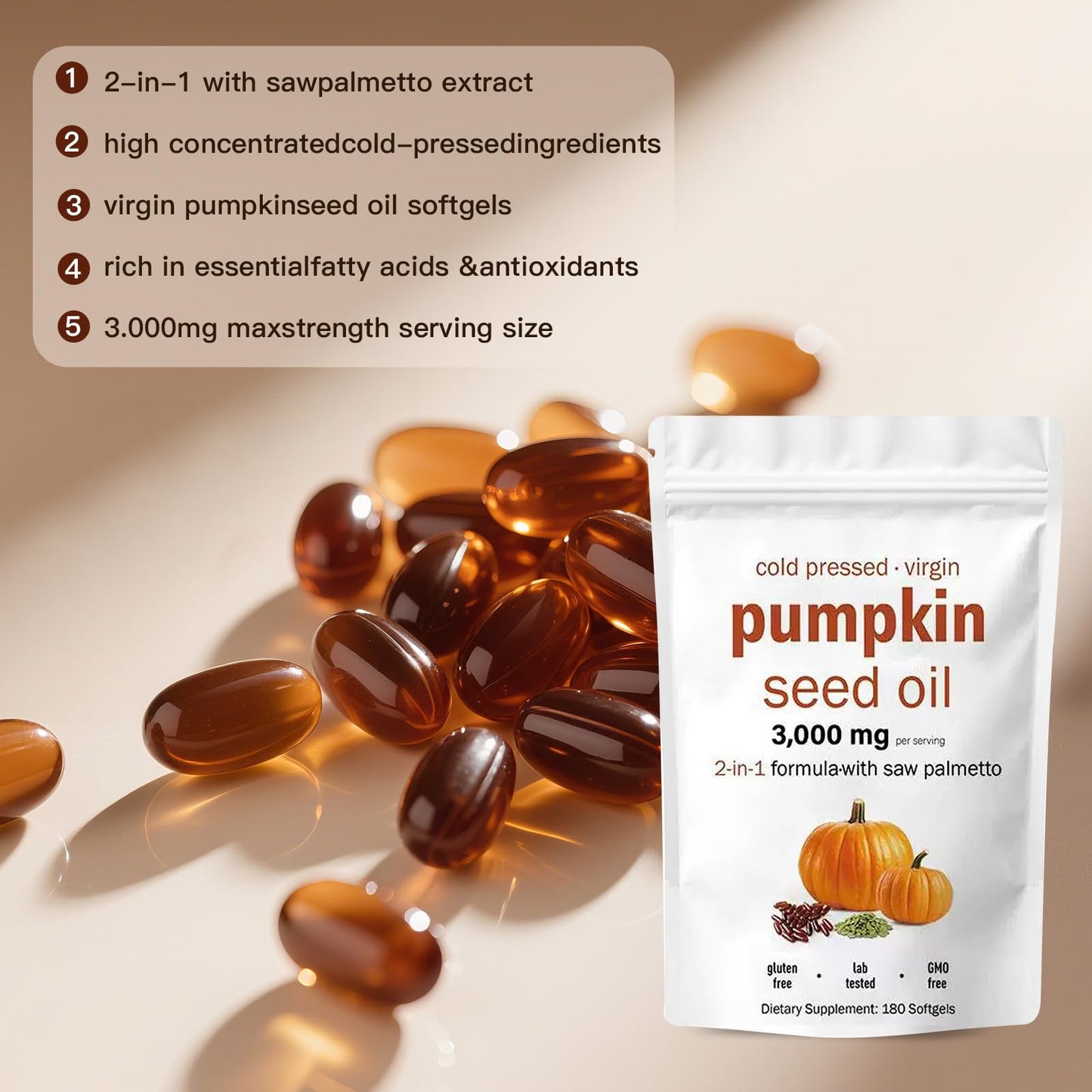 EOQIFJM Pumpkin Seed Oil + Saw Palmetto Capsules — 3000mg/Serving, 180 Softgels | Hair & Prostate Health | Non-GMO