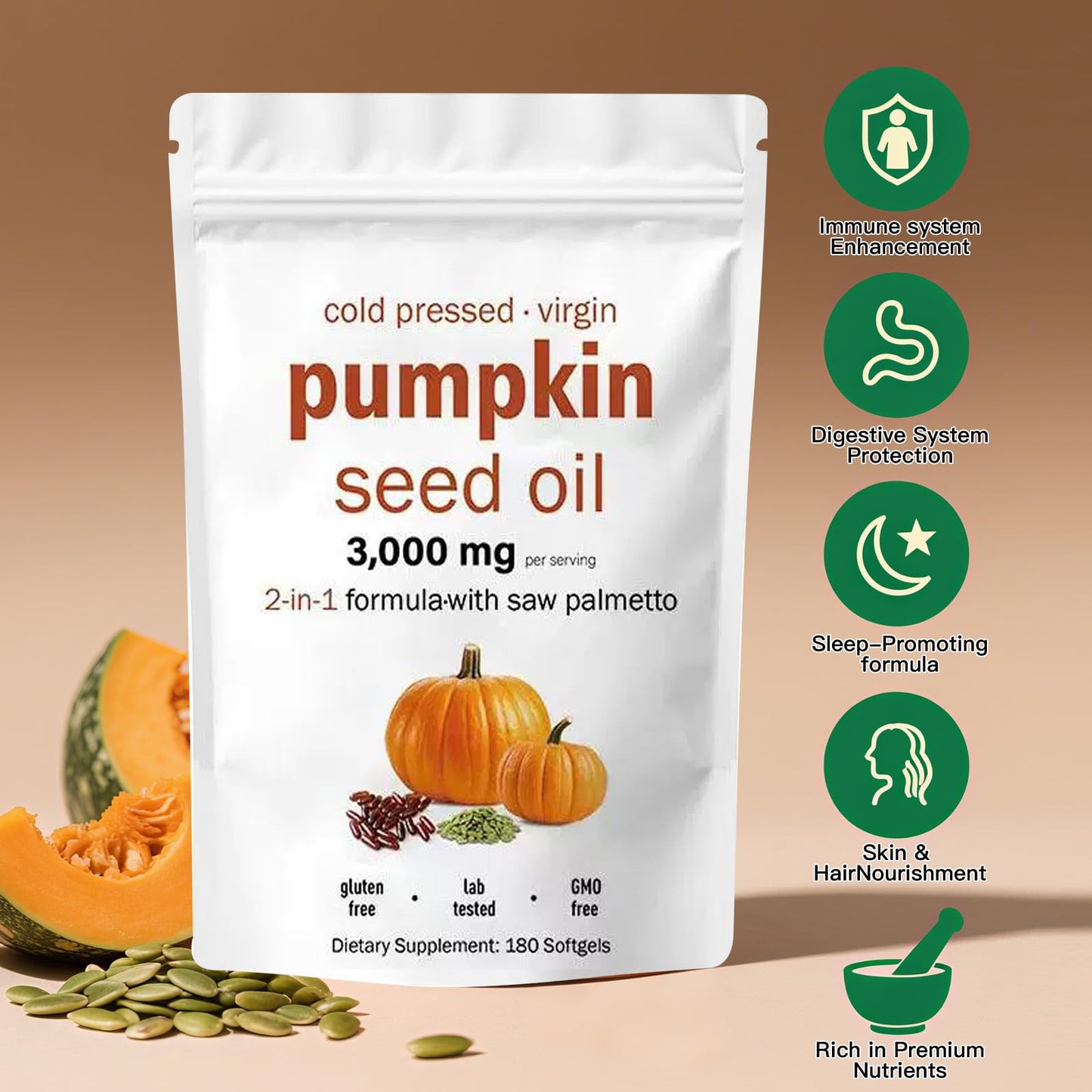 EOQIFJM Pumpkin Seed Oil + Saw Palmetto Capsules — 3000mg/Serving, 180 Softgels | Hair & Prostate Health | Non-GMO