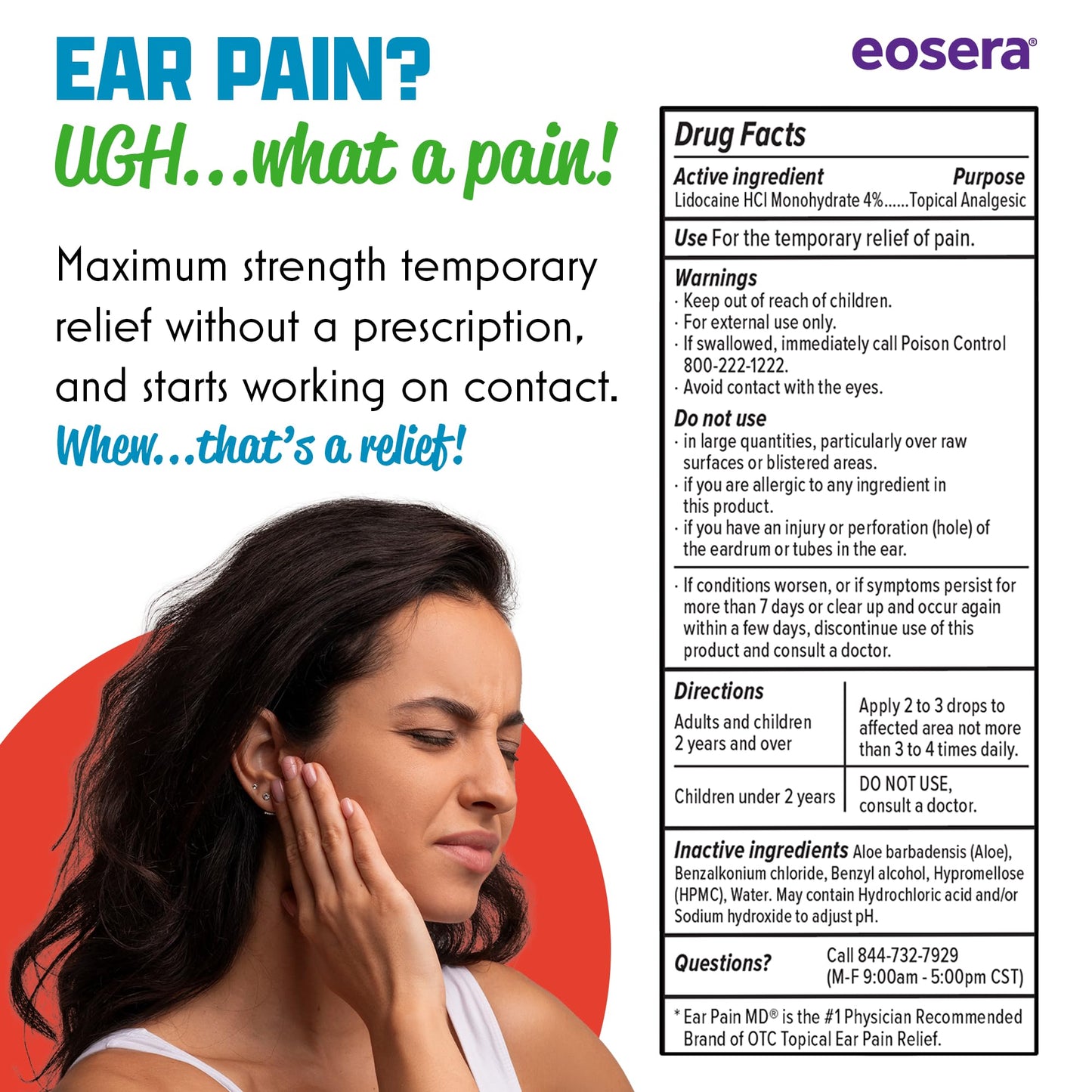 Ear Pain MD® 4% Lidocaine Ear Drops | Fast-Acting Earache Relief (12.5 mL) | Eosera