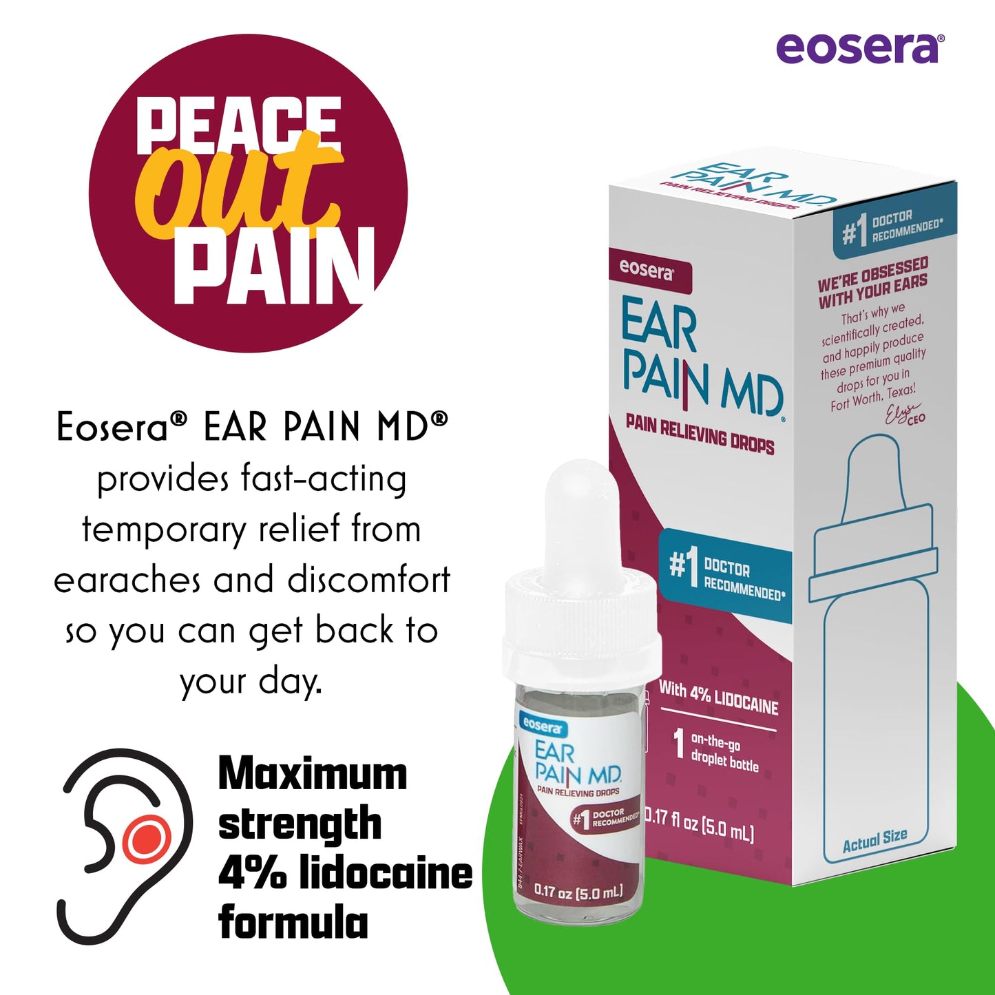 Eosera Ear Pain MD 4% Lidocaine Ear Drops – Maximum Strength Earache Relief for Adults & Kids (5 mL) | Earwax MD