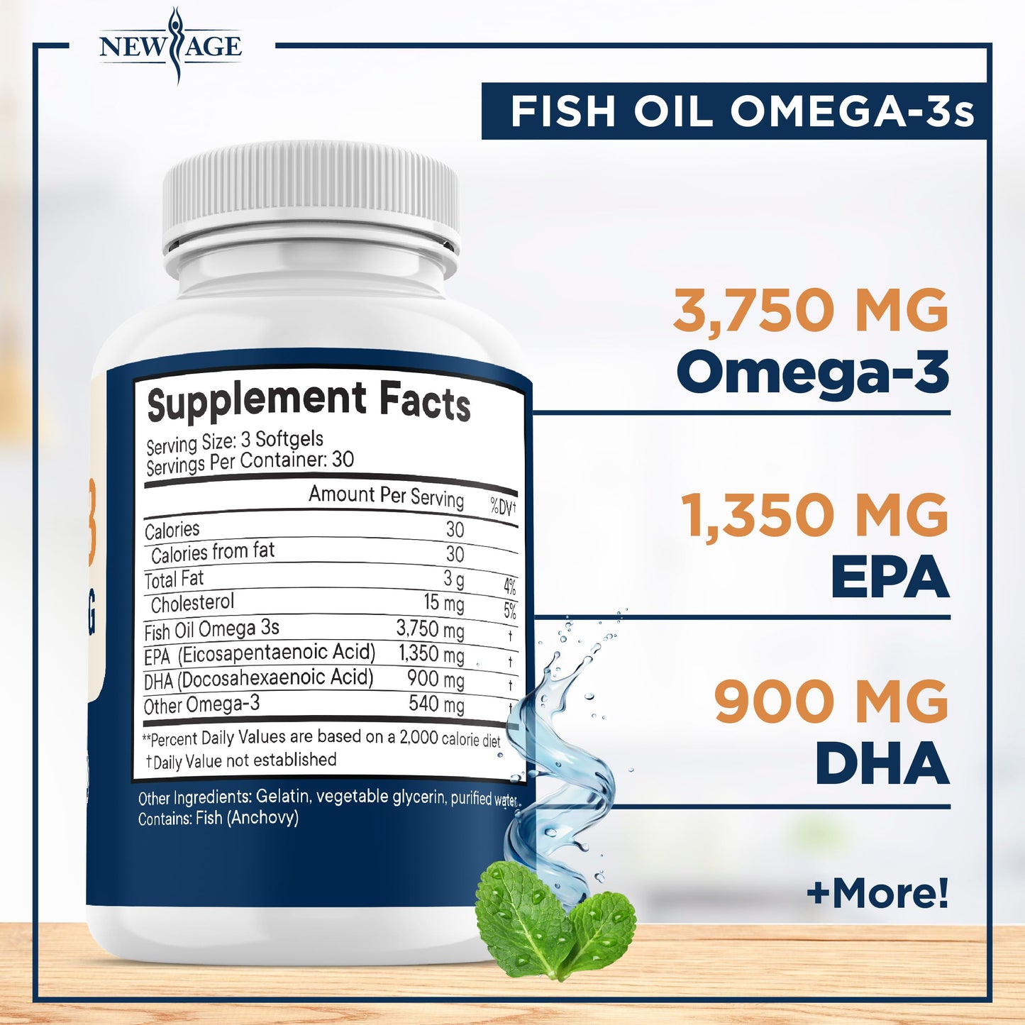 Triple Strength Omega-3 Fish Oil 3750 mg - 1350 mg EPA / 900 mg DHA - 180 Burpless Softgels