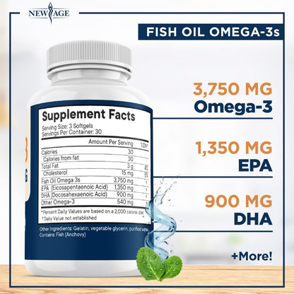 Triple Strength Omega-3 Fish Oil 3750 mg - 1350 mg EPA / 900 mg DHA - 180 Burpless Softgels