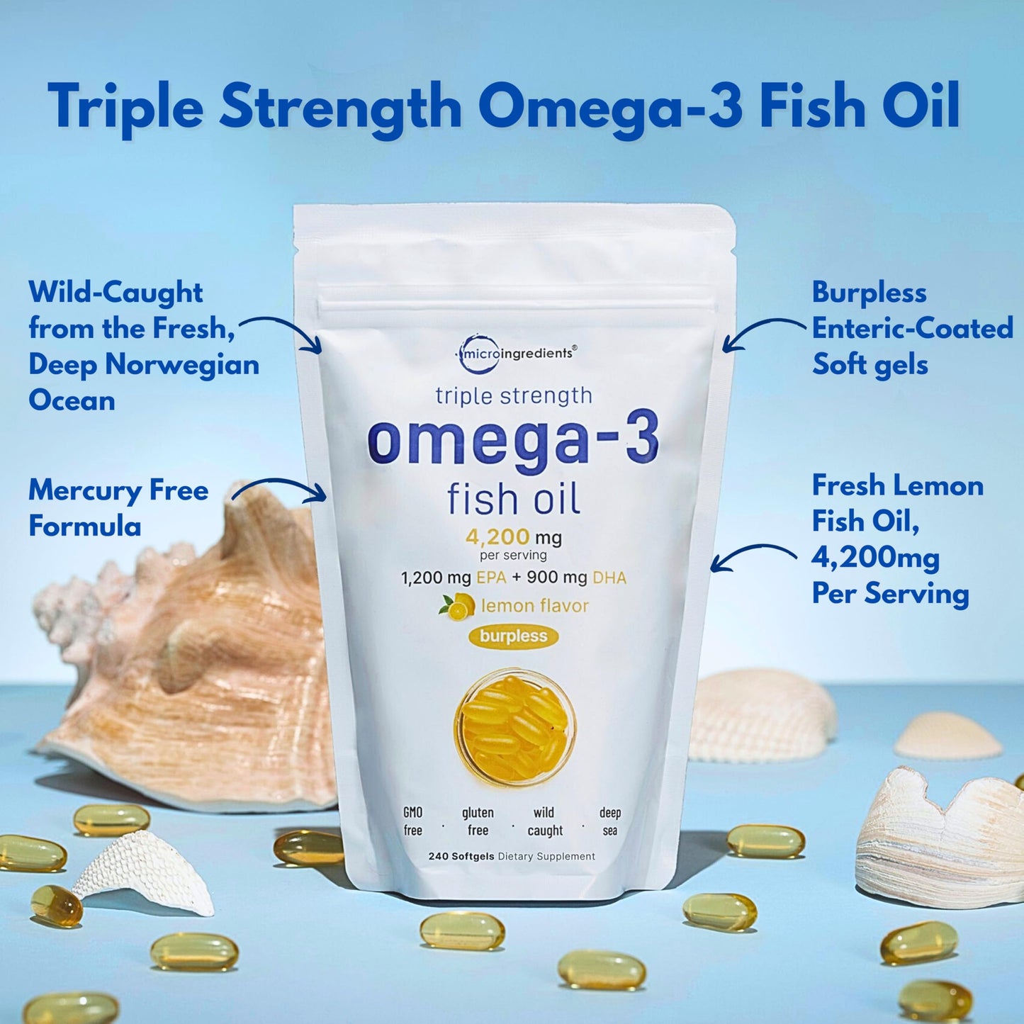 Micro Ingredients Triple Strength Omega-3 Fish Oil – 4200mg/Serving, 240 Softgels (Lemon, Burpless) | EPA 1200mg + DHA 900mg