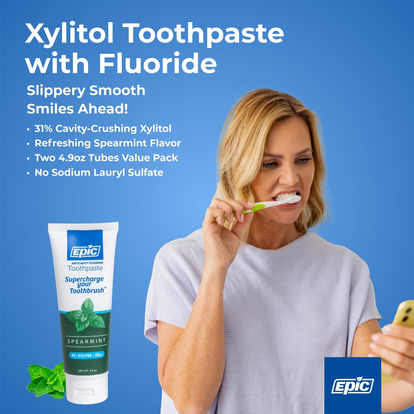 Epic Dental Xylitol Fluoride Toothpaste for Adults – SLS-Free Spearmint, 31% Xylitol – 4.9oz 2-Pack
