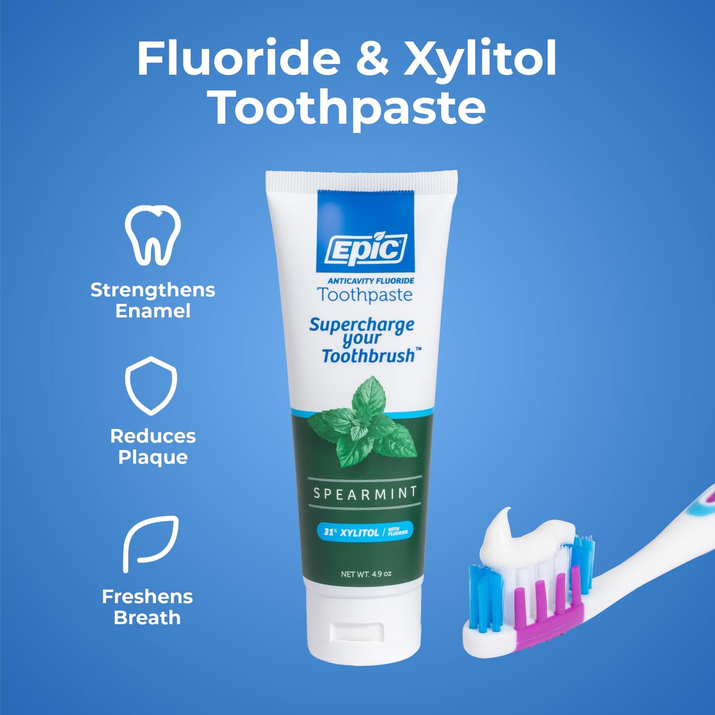 Epic Dental Xylitol Fluoride Toothpaste for Adults – SLS-Free Spearmint, 31% Xylitol – 4.9oz 2-Pack