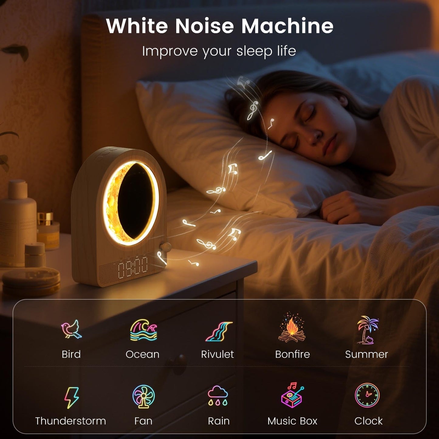 Epochleno Sunrise Alarm Clock with White Noise and Meteor Moonlight — 10 Soothing Sounds, Dual Alarms, 30/60/90min Timer