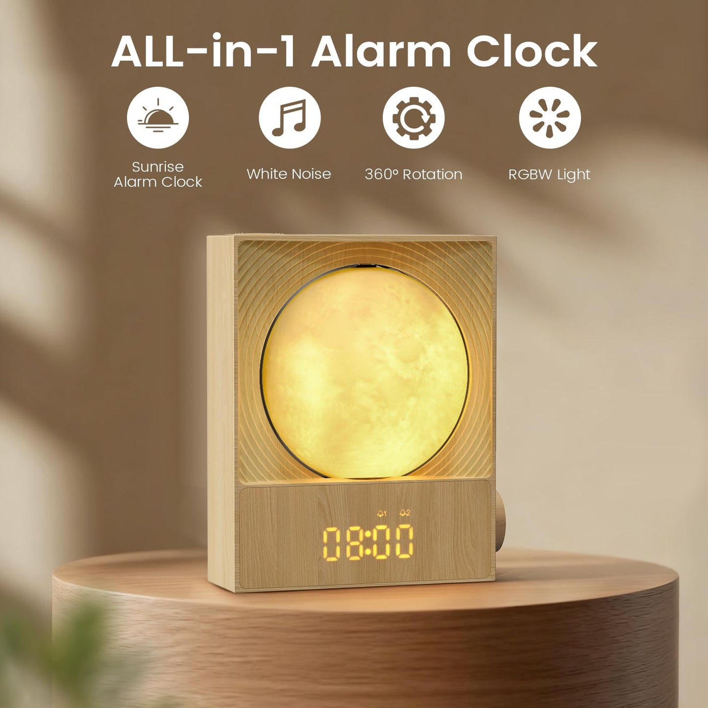 Epochleno Sunrise Alarm Clock — 360° Moonlight, 10 White Noise Sounds, Dual Alarm & Snooze