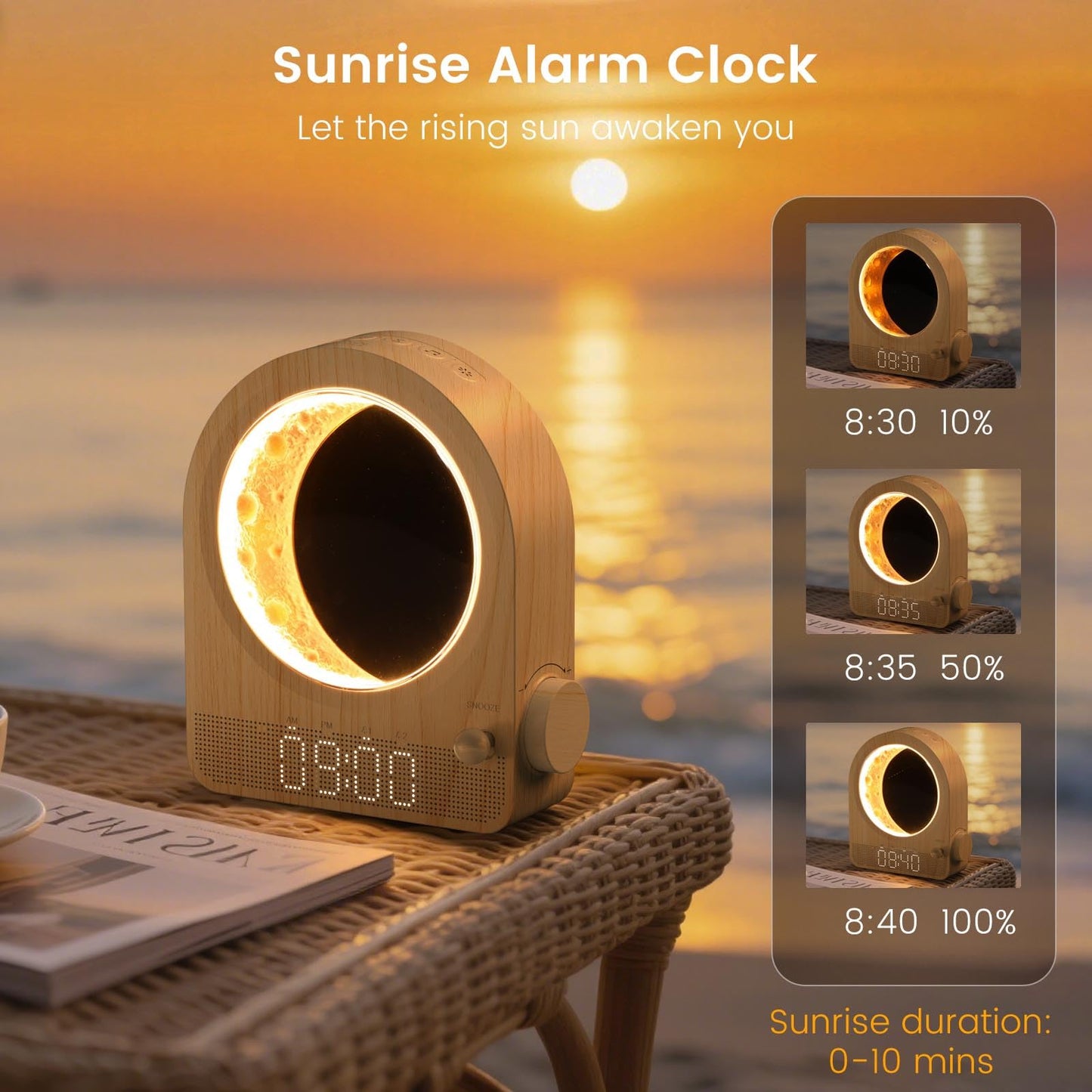 Epochleno Sunrise Alarm Clock with White Noise and Meteor Moonlight — 10 Soothing Sounds, Dual Alarms, 30/60/90min Timer