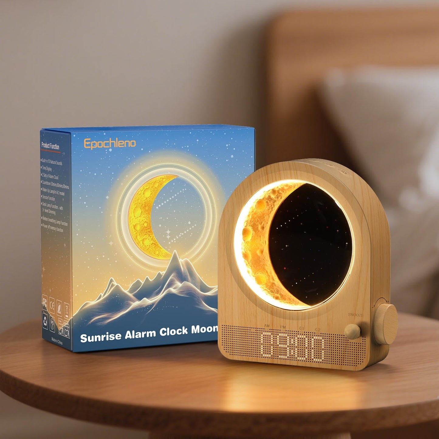 Epochleno Sunrise Alarm Clock with White Noise and Meteor Moonlight — 10 Soothing Sounds, Dual Alarms, 30/60/90min Timer