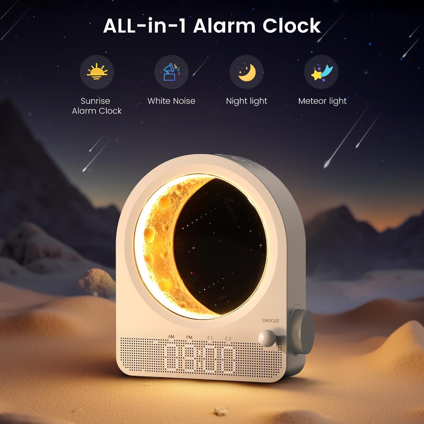 Epochleno Sunrise Alarm Clock — White Noise & Meteor Moonlight, 10 Sounds, Dual Alarms, 30/60/90 Min Timer