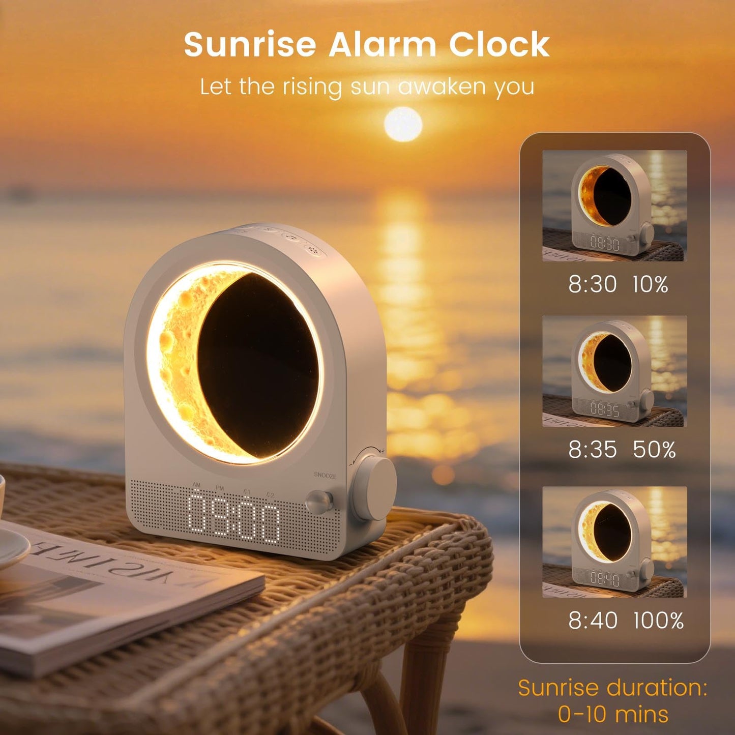 Epochleno Sunrise Alarm Clock — White Noise & Meteor Moonlight, 10 Sounds, Dual Alarms, 30/60/90 Min Timer