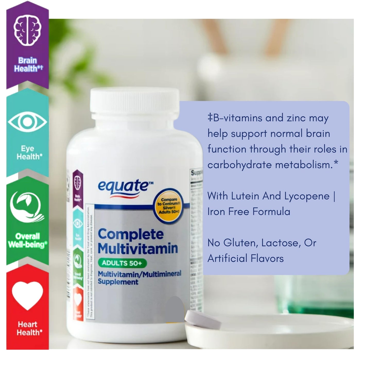 Equate 50+ One Daily Multivitamin - Healthy Brain, 125 Pills | Compare to Centrum Silver