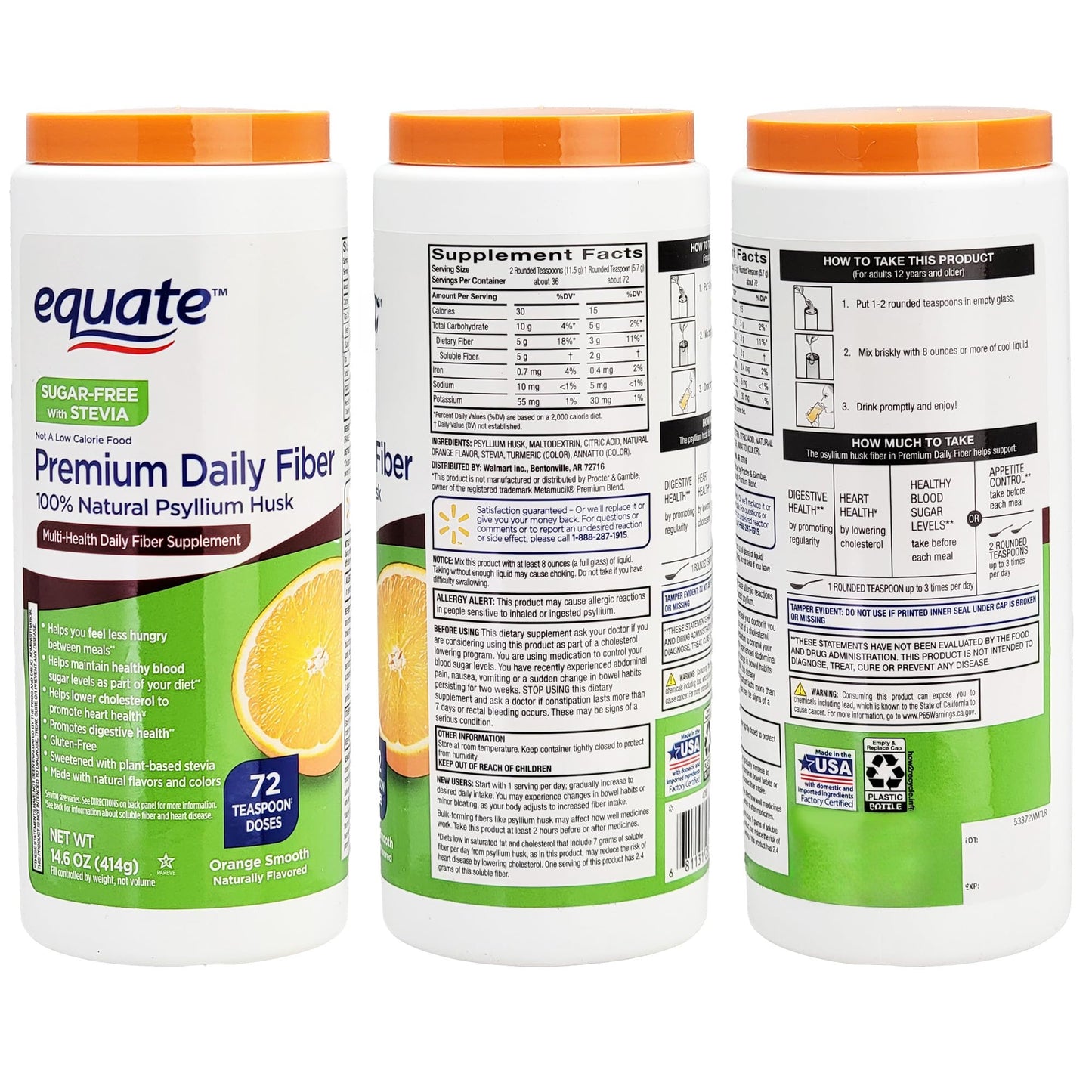 Equate Daily Fiber Psyllium Husk - Sugar-Free Orange (14 oz) Bundle