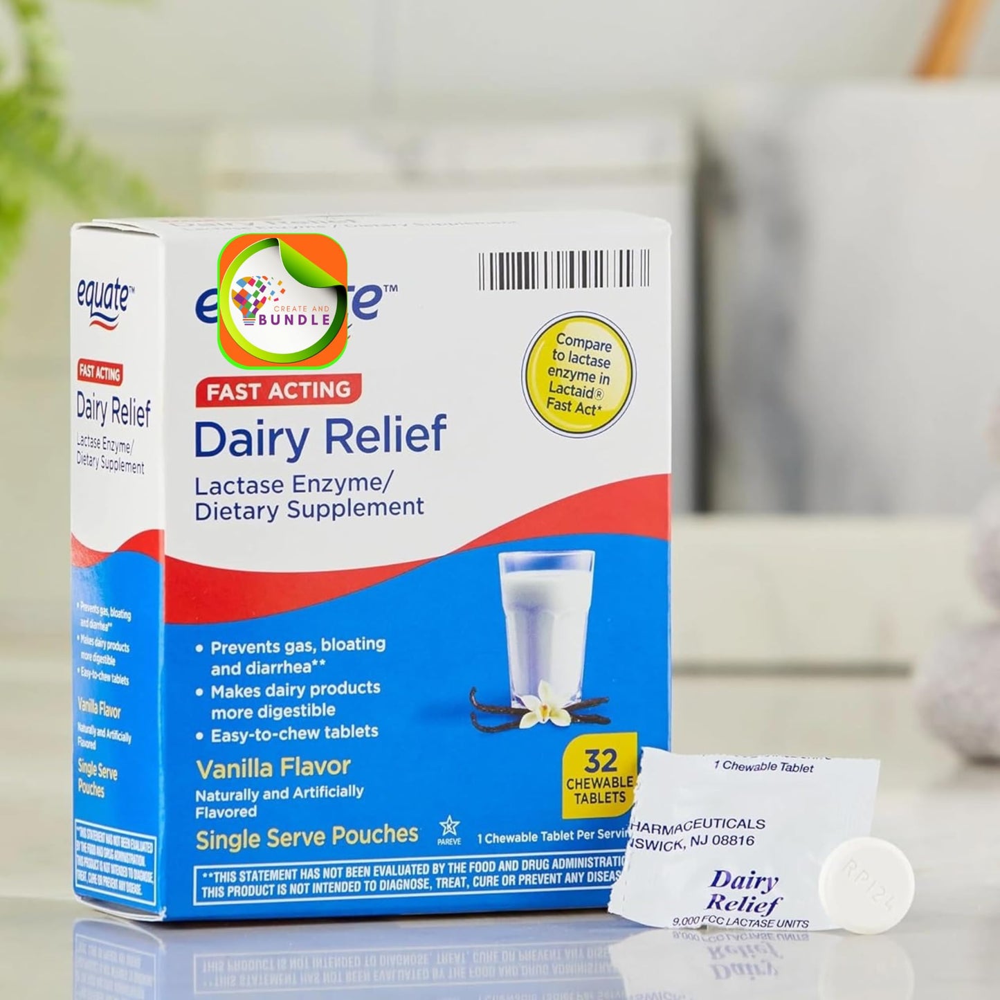Equate Fast Acting Dairy Relief Lactase Enzyme Dietary Supplement Vanilla Flavor Chewables - 32 Count (Pack of 1) + CreativeAndBundle Sticker