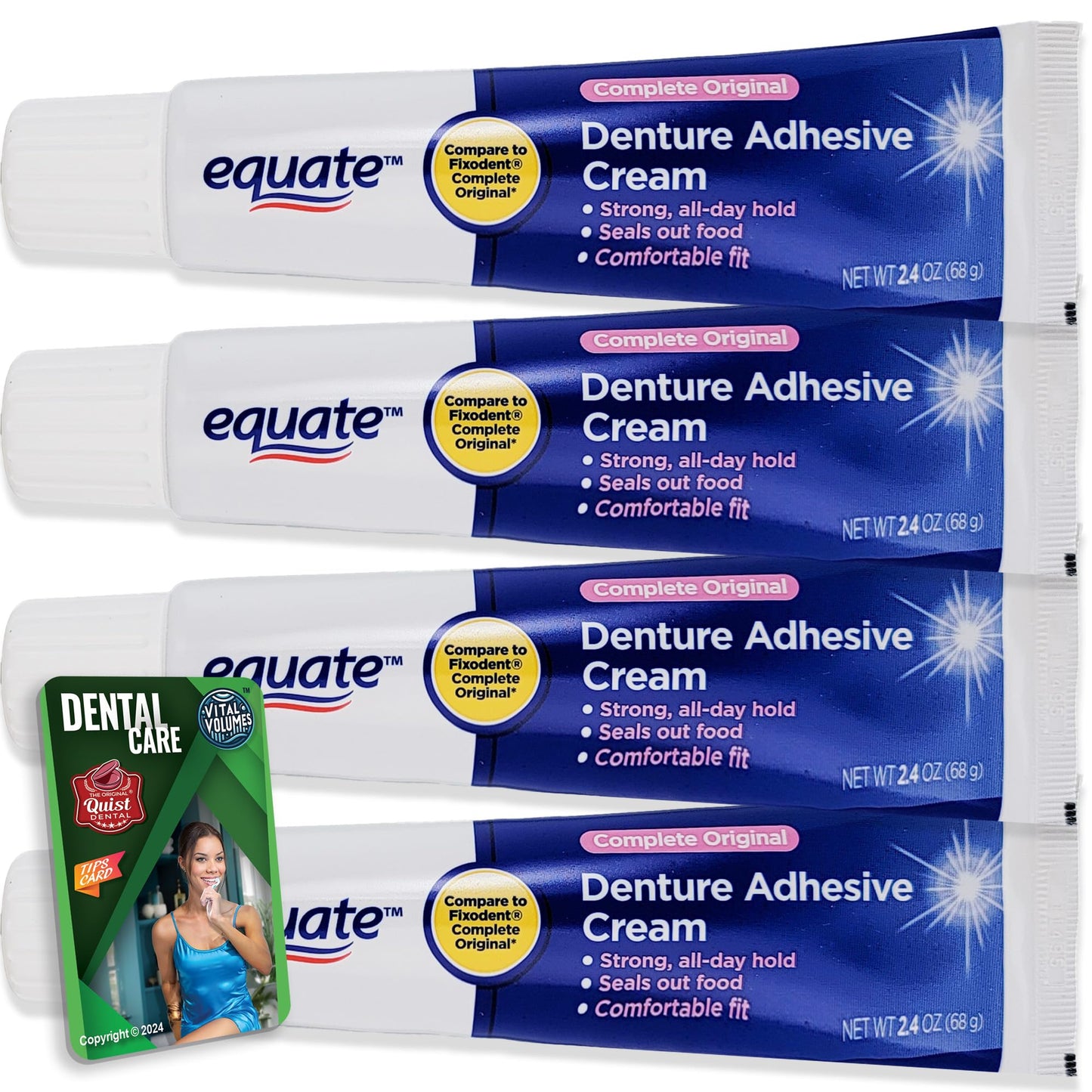 Equate Denture Adhesive Cream 2.4 oz (68 g) 4-Pack + Vital Volumes Tips Card Bundle