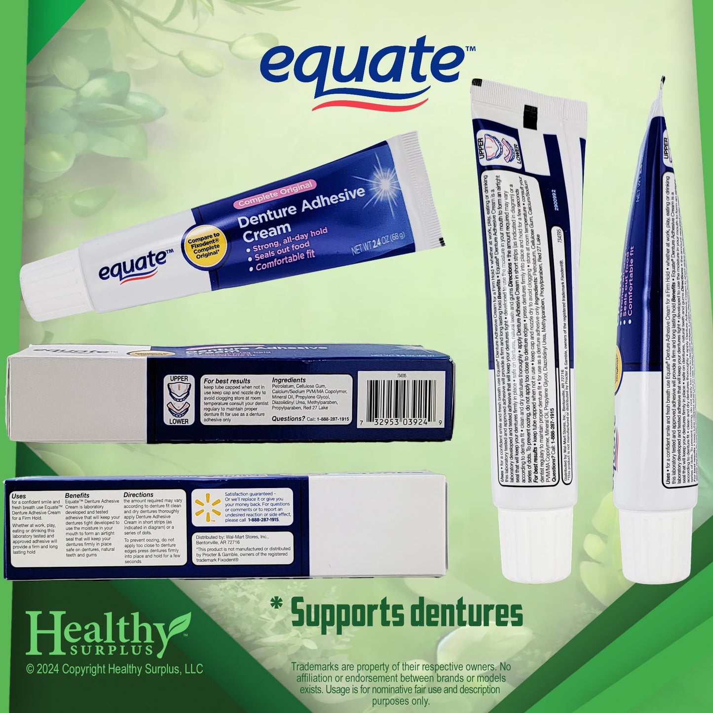 Equate Denture Adhesive Cream 2.4 oz (68 g) 4-Pack + Vital Volumes Tips Card Bundle