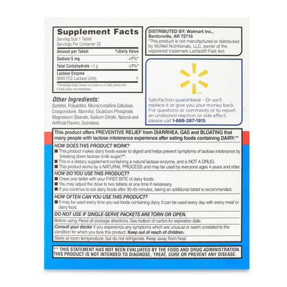 Equate Fast Acting Dairy Relief Lactase Enzyme Dietary Supplement Vanilla Flavor Chewables - 32 Count (Pack of 1) + CreativeAndBundle Sticker