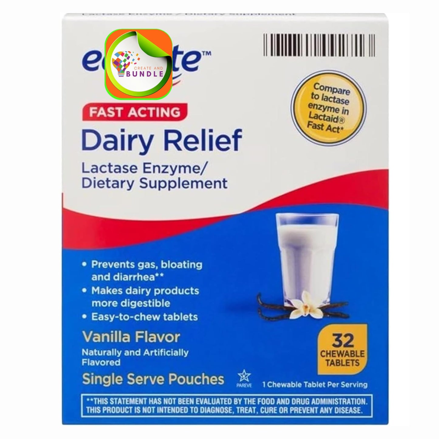Equate Fast Acting Dairy Relief Lactase Enzyme Dietary Supplement Vanilla Flavor Chewables - 32 Count (Pack of 1) + CreativeAndBundle Sticker
