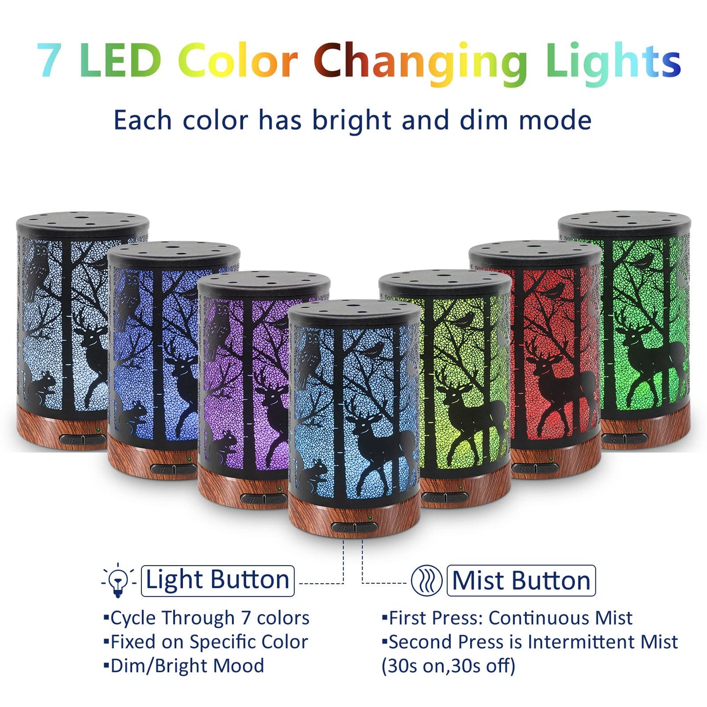 EQUSUPRO 150ml Metal Essential Oil Diffuser – Ultrasonic Cool Mist, Auto Shut-Off, 7-Color LED, Deer Pattern