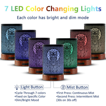 EQUSUPRO 150ml Metal Owl Essential Oil Diffuser - Auto Shut-Off, 7 LED Colors