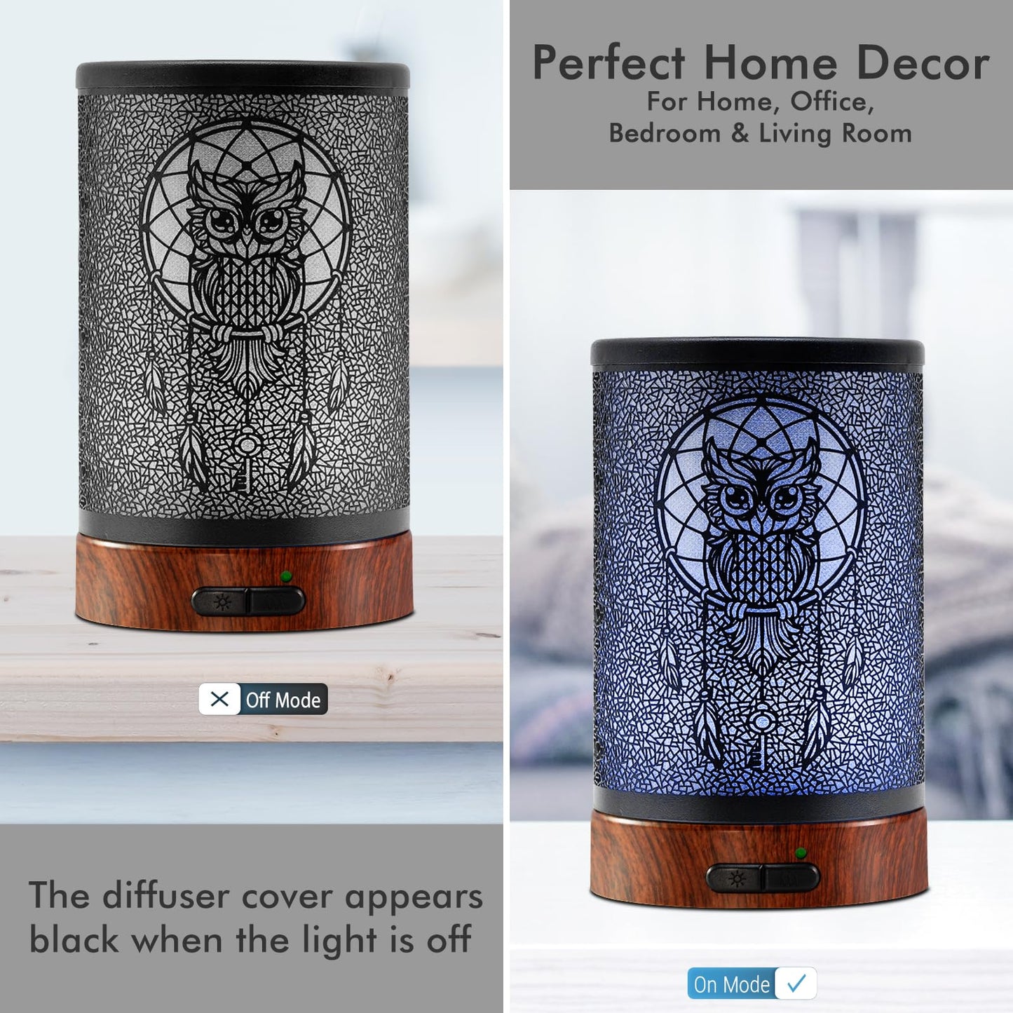 EQUSUPRO 150ml Metal Owl Essential Oil Diffuser - Auto Shut-Off, 7 LED Colors