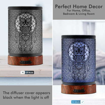 EQUSUPRO 150ml Metal Owl Essential Oil Diffuser - Auto Shut-Off, 7 LED Colors
