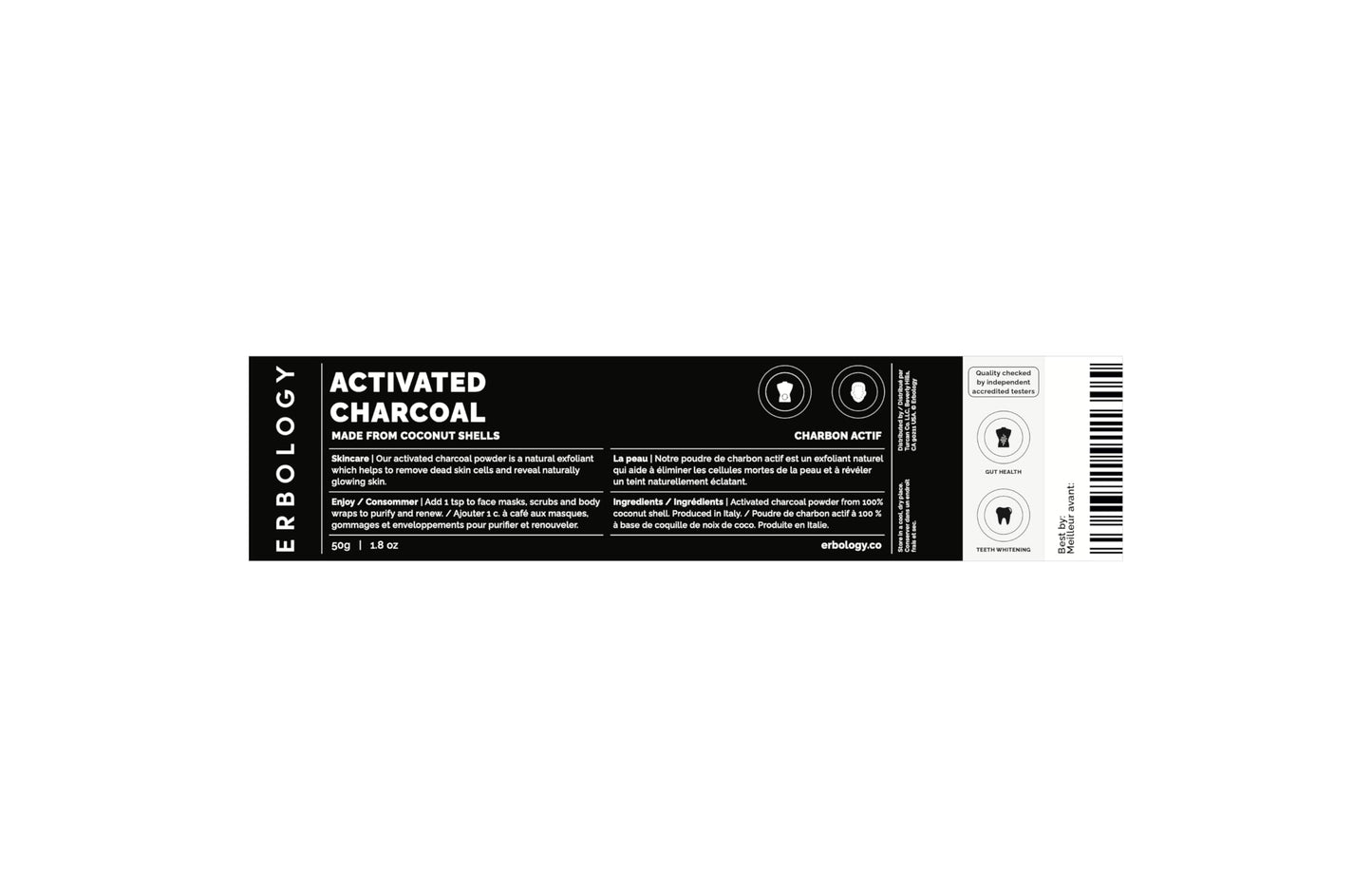 Erbology Activated Charcoal Powder 1.8 oz - Teeth Whitening & Natural Exfoliation - Digestive Aid - Vegan