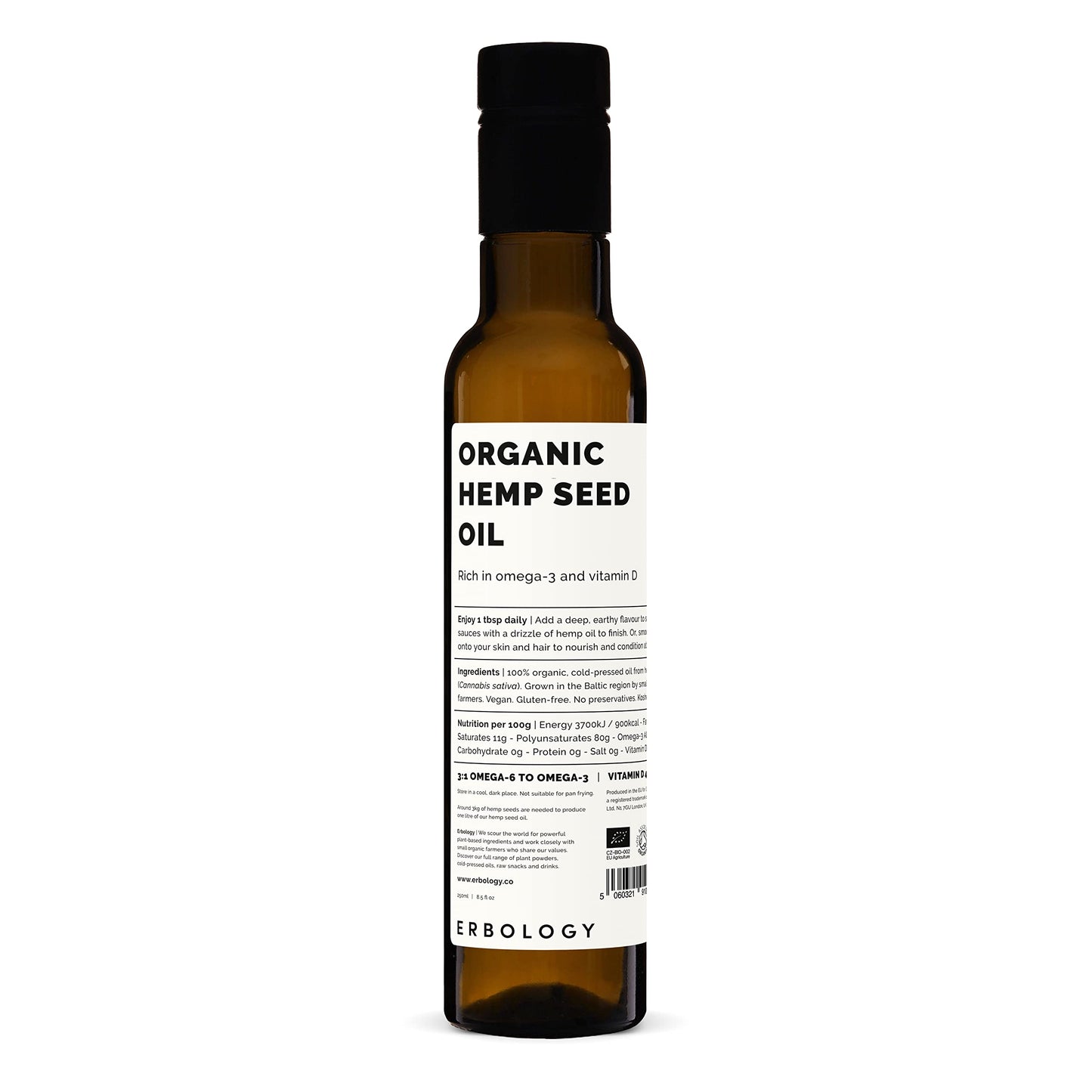 Erbology Organic Hemp Seed Oil 8.5 fl oz | Cold-Pressed, Omega-3 Rich, Vitamin D & E
