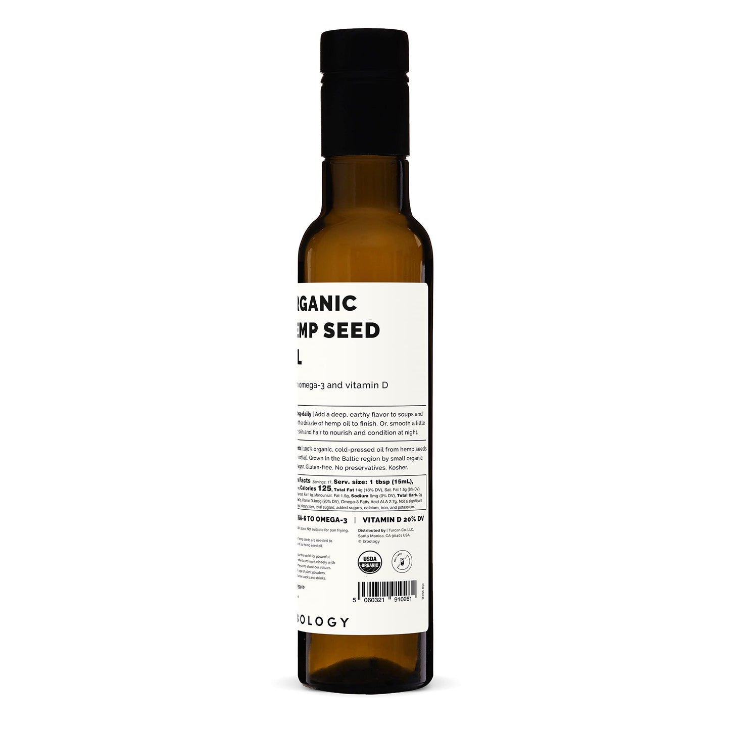 Erbology Organic Hemp Seed Oil 8.5 fl oz | Cold-Pressed, Omega-3 Rich, Vitamin D & E