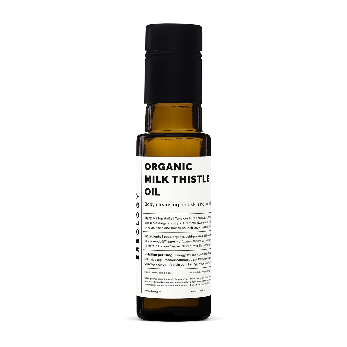 Erbology Organic Milk Thistle Oil - Cold-Pressed 3.4 oz, Vitamin E, Non-GMO