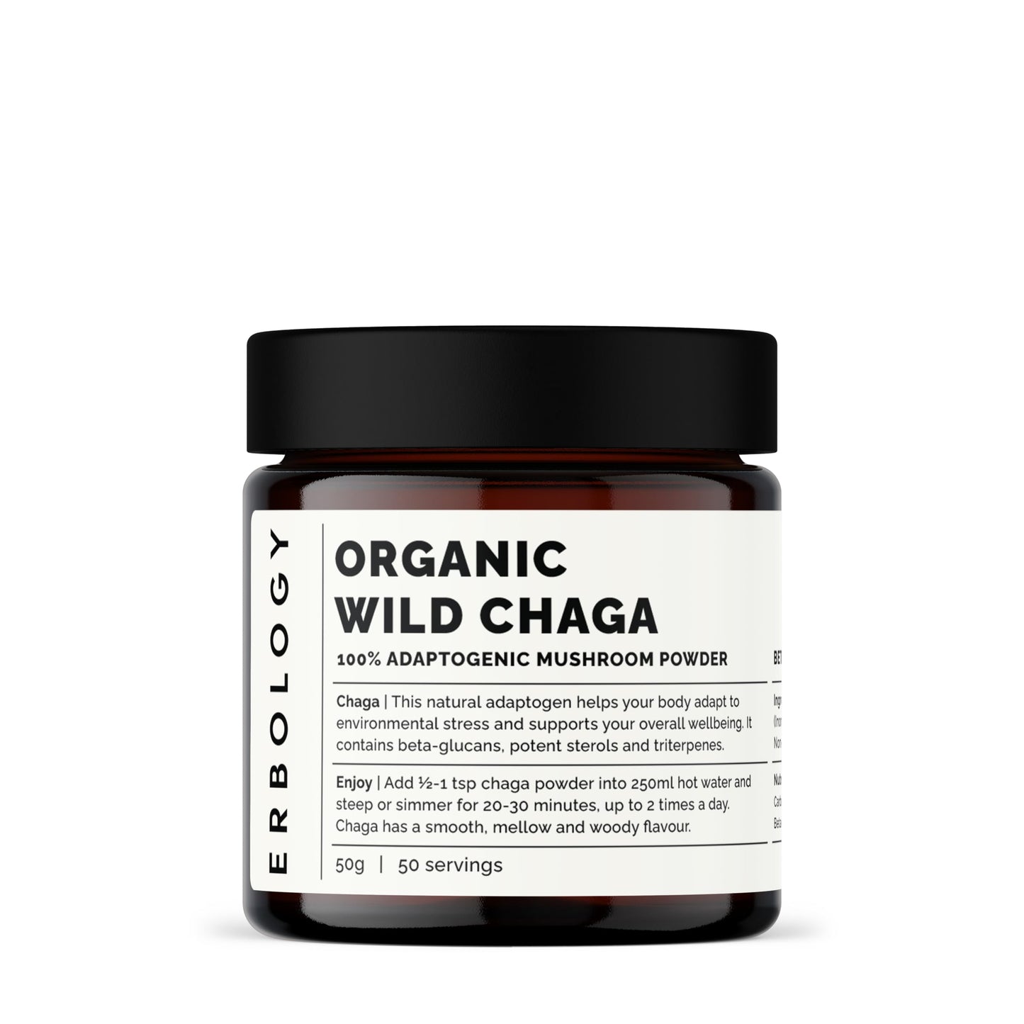 Erbology Organic Chaga Mushroom Powder – 50 Servings, 7% Beta-glucans