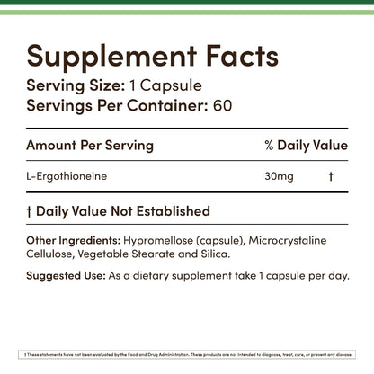 Ergothioneine 30mg Supplement - 60 Count, Plant-Based L-Ergothioneine (Non-GMO, Gluten Free, Vegan Safe) - Double Wood (Pack of 2)