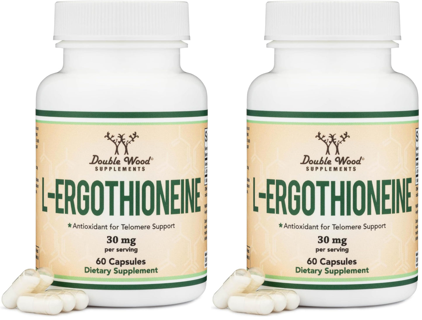 Ergothioneine 30mg Supplement - 60 Count, Plant-Based L-Ergothioneine (Non-GMO, Gluten Free, Vegan Safe) - Double Wood (Pack of 2)