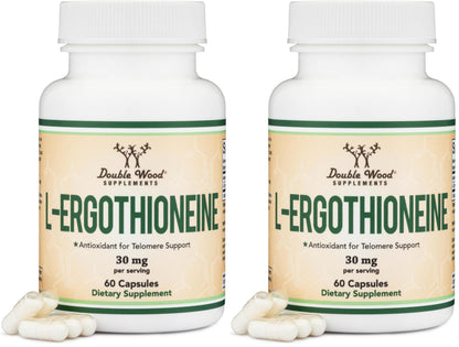 Ergothioneine 30mg Supplement - 60 Count, Plant-Based L-Ergothioneine (Non-GMO, Gluten Free, Vegan Safe) - Double Wood (Pack of 2)