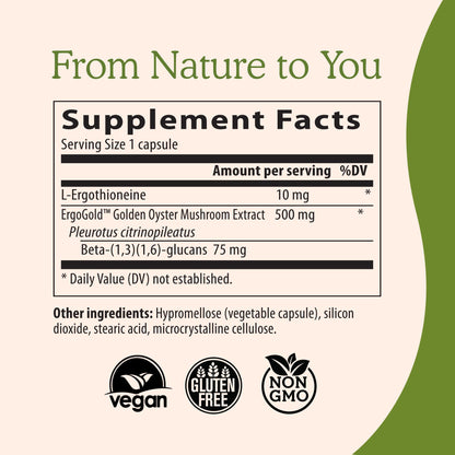 Real Mushrooms Ergothioneine Supplement – Golden Oyster Mushroom Extract, 60 Capsules – Organic, Vegan, Non-GMO