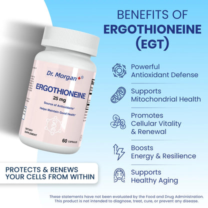 Dr. Morgan Ergothioneine Supplement – 99% Pure Antioxidant Support, Mitochondrial & Cellular Health, 60 Capsules, Made in Canada